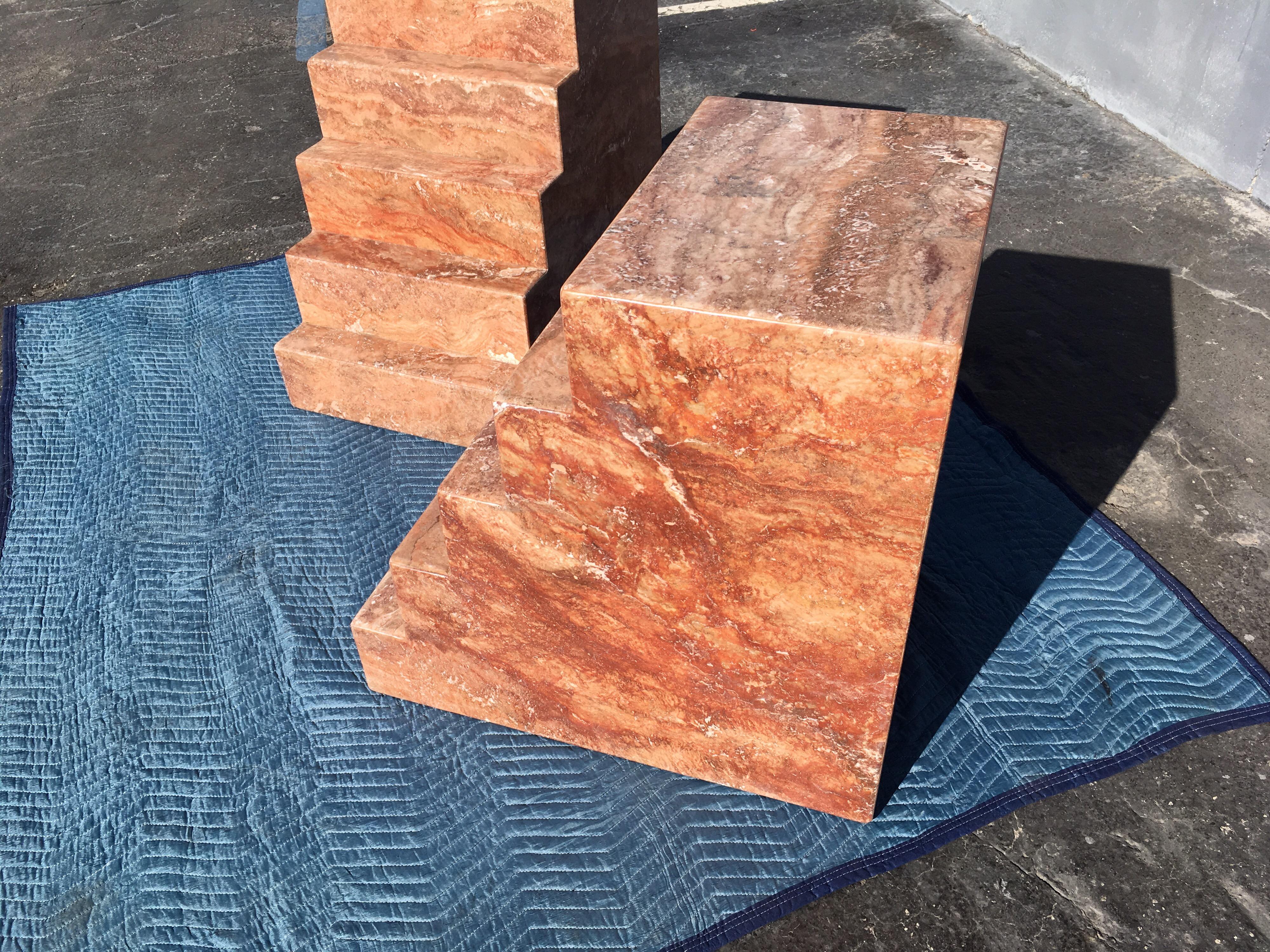 Italian Pair of Spanish Red Travertine Table Bases Pedestals Step Design
