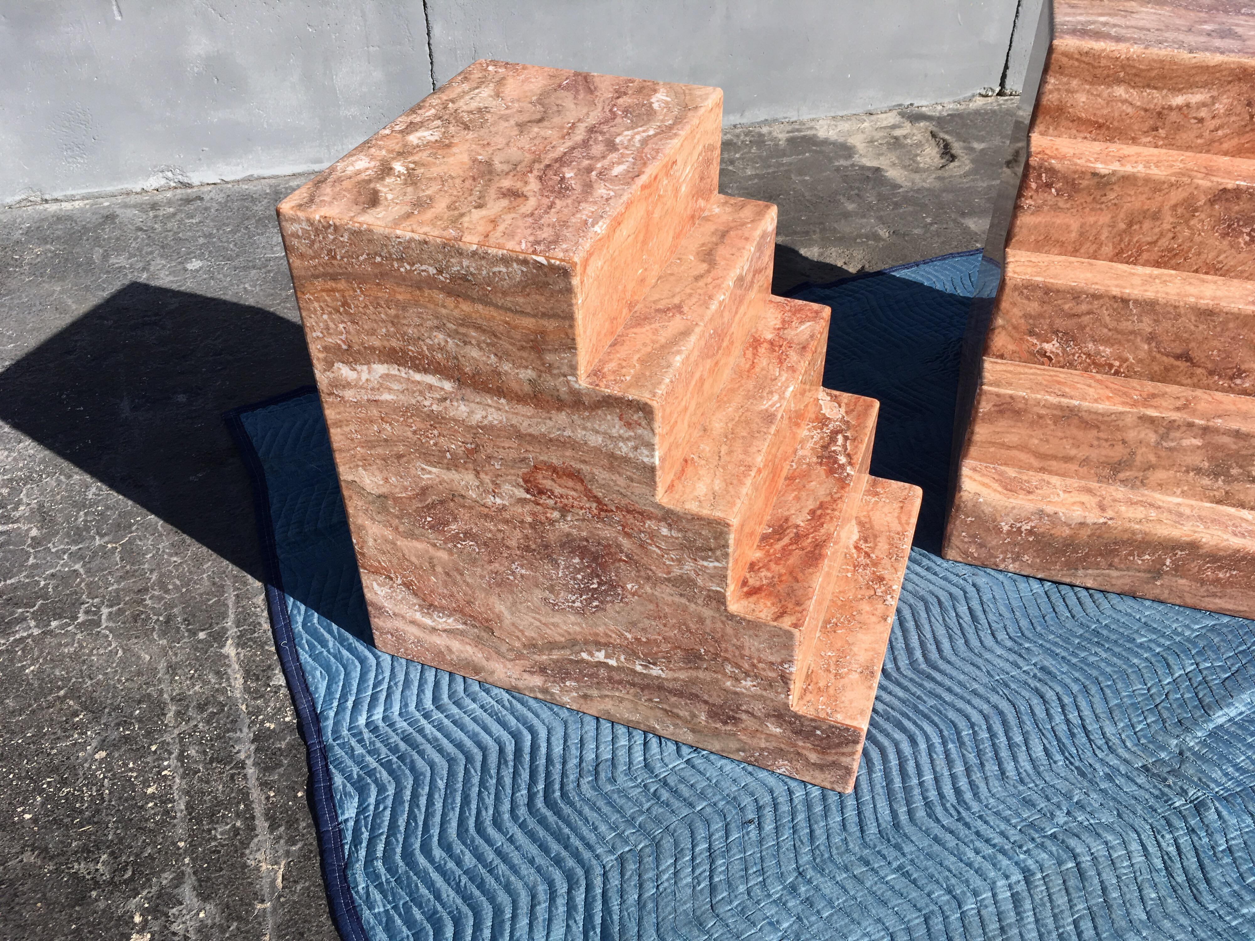 Pair of Spanish Red Travertine Table Bases Pedestals Step Design In Good Condition In Miami, FL
