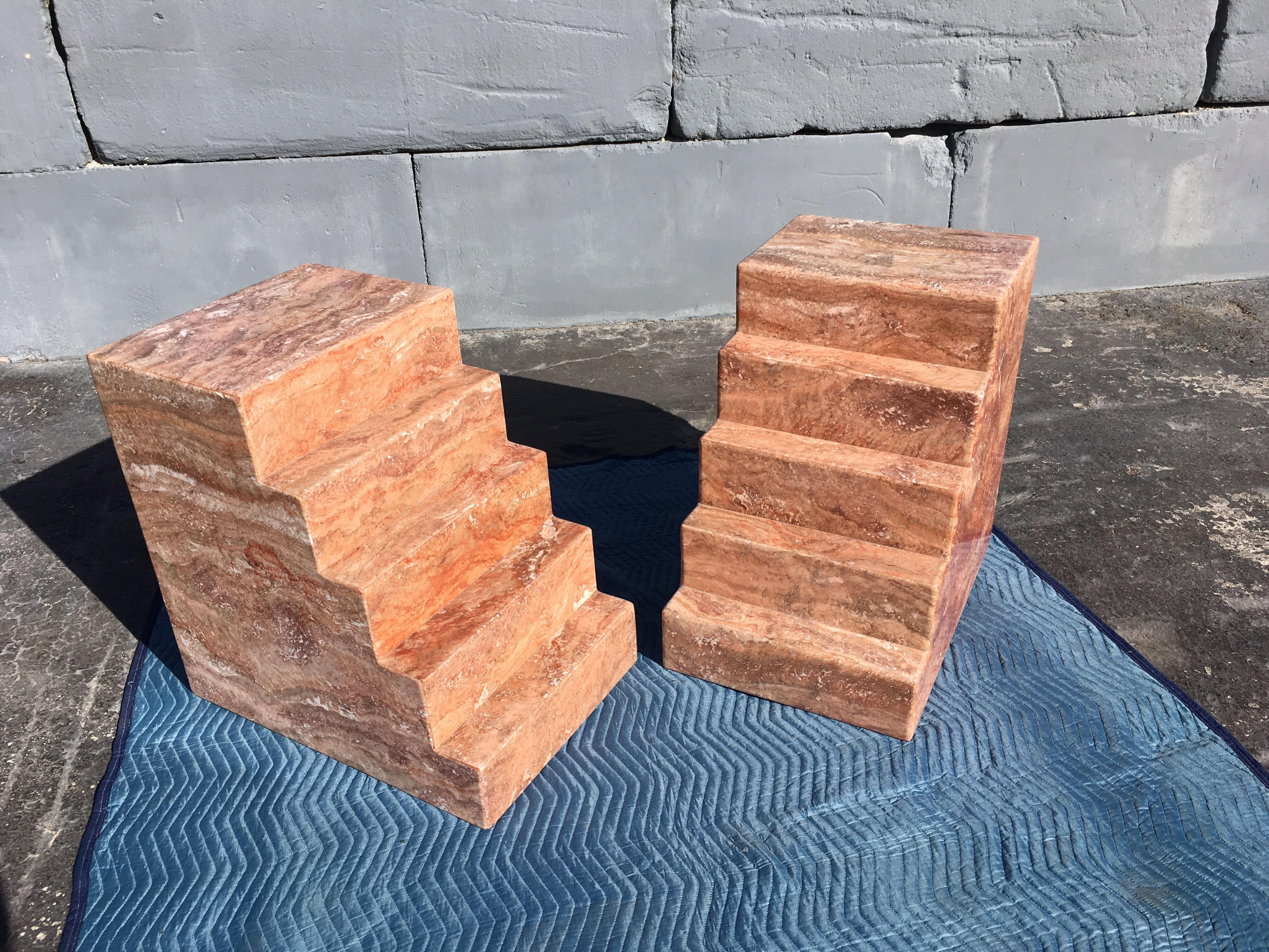 Late 20th Century Pair of Spanish Red Travertine Table Bases Pedestals Step Design