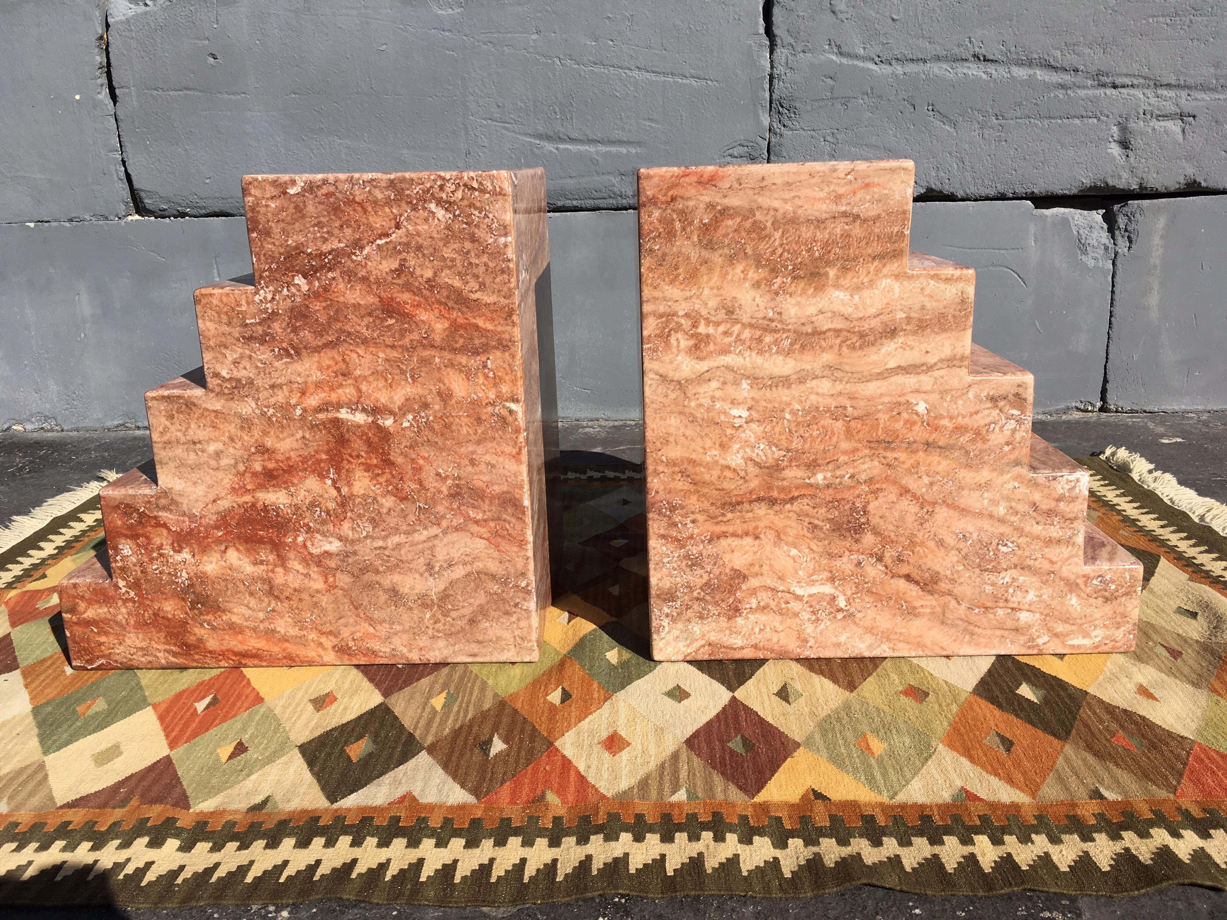 Pair of Spanish Red Travertine Table Bases Pedestals Step Design 2