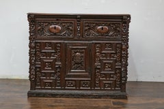 Spanish Renaissance 1680s Walnut Spice Cabinet with Foliage Carved Décor