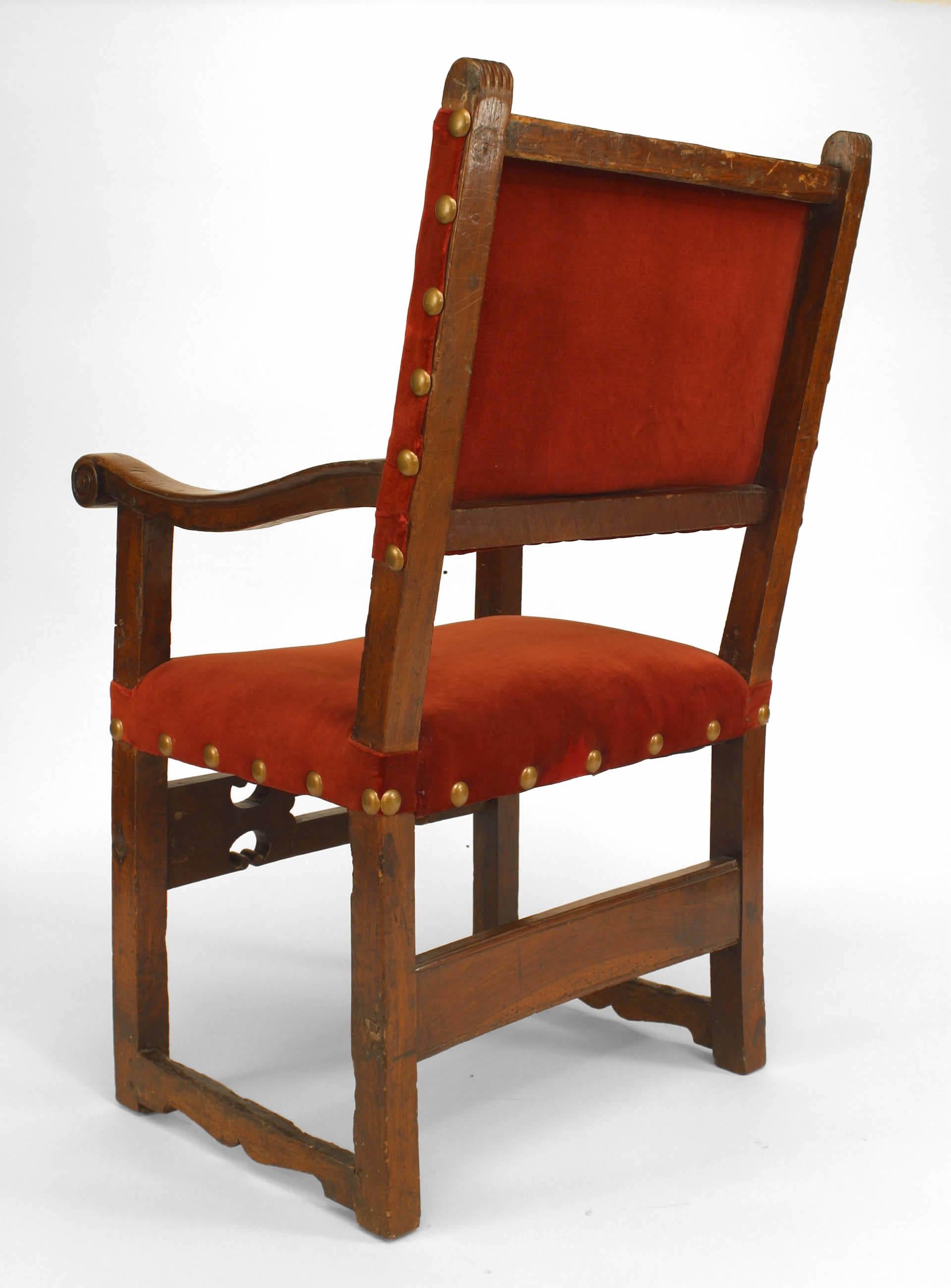 18th Century and Earlier Spanish Renaissance Walnut and Red Velvet Armchair For Sale