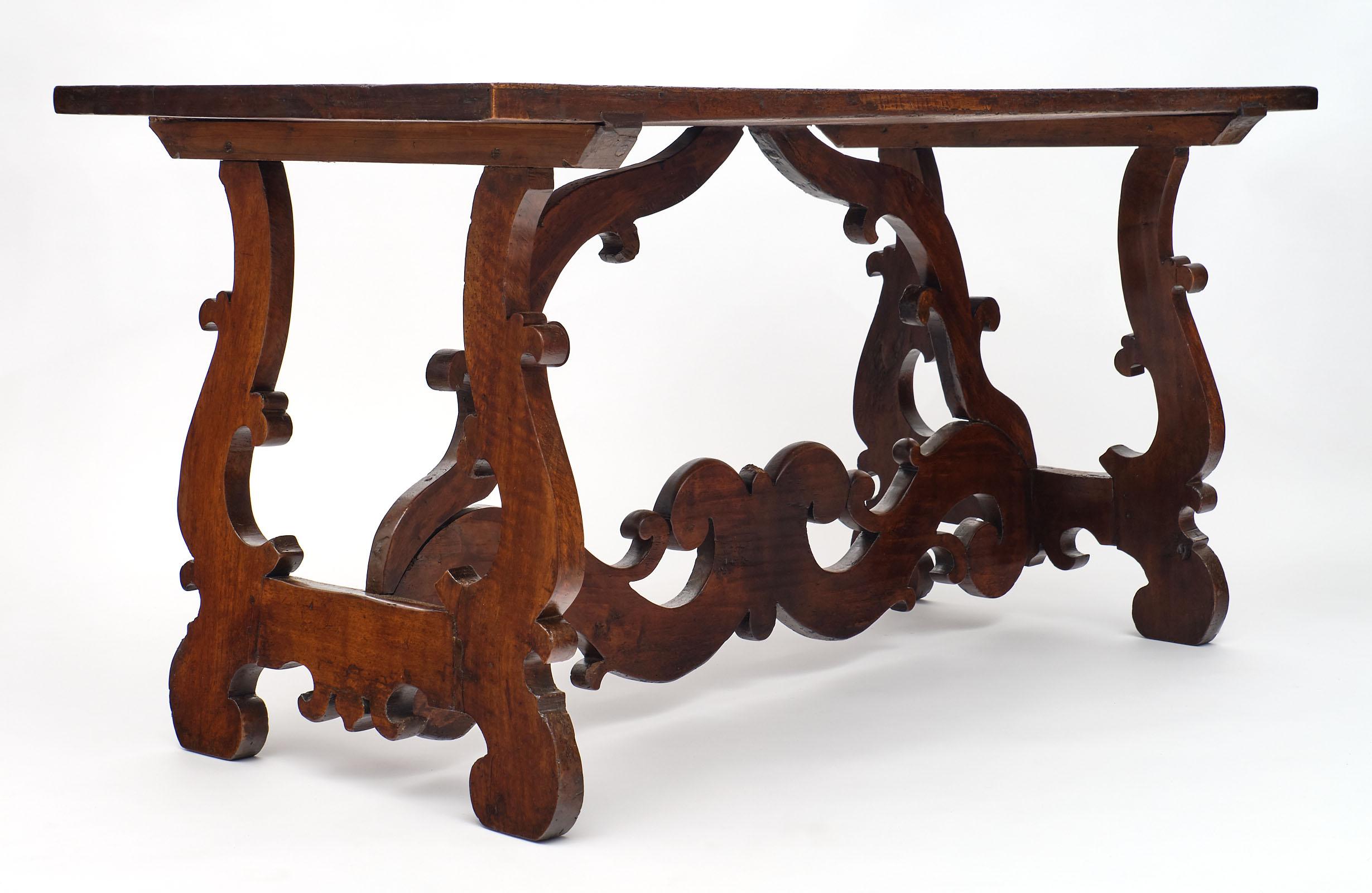 Spanish Renaissance Antique “Lyra” Trestle Table In Good Condition In Austin, TX