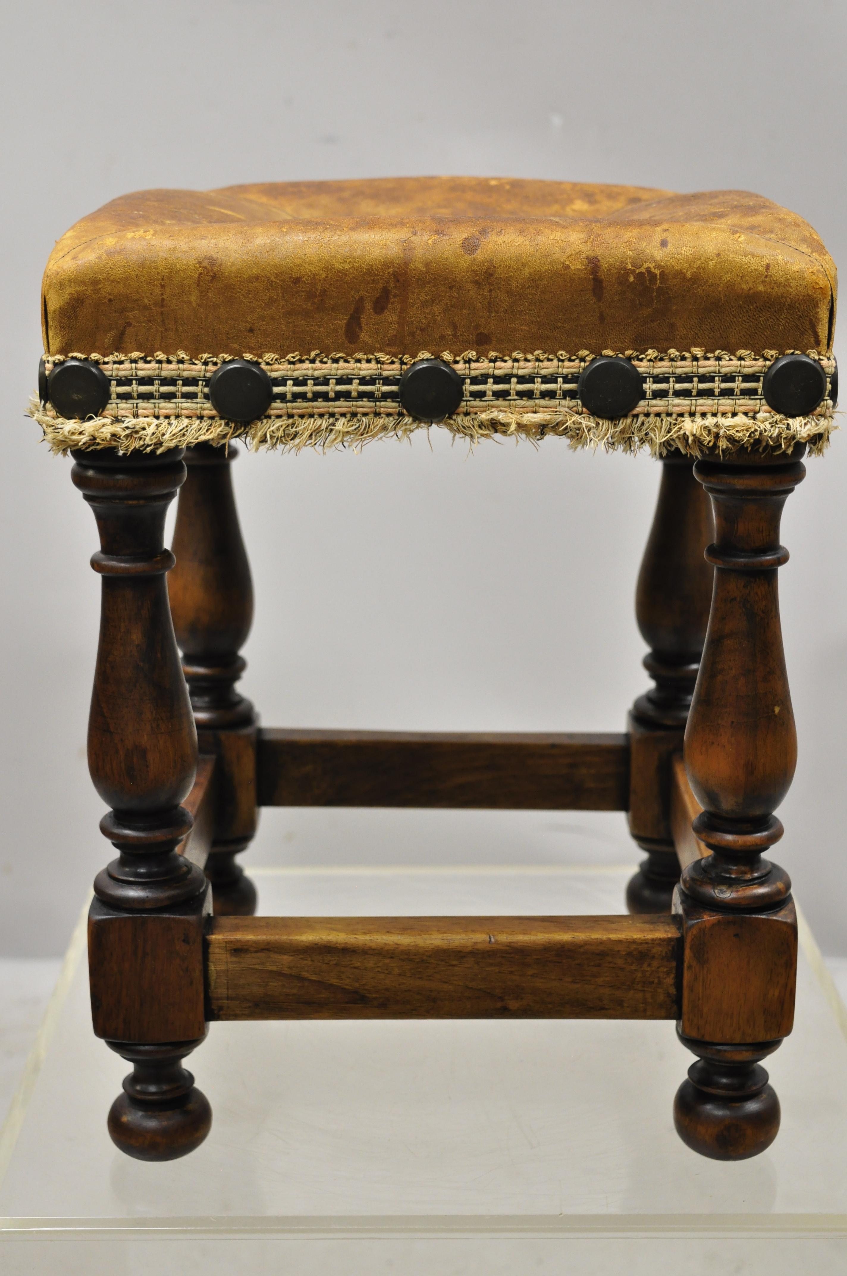 Spanish Renaissance Brown Distressed Leather Walnut Footstool Stool Ottoman 5