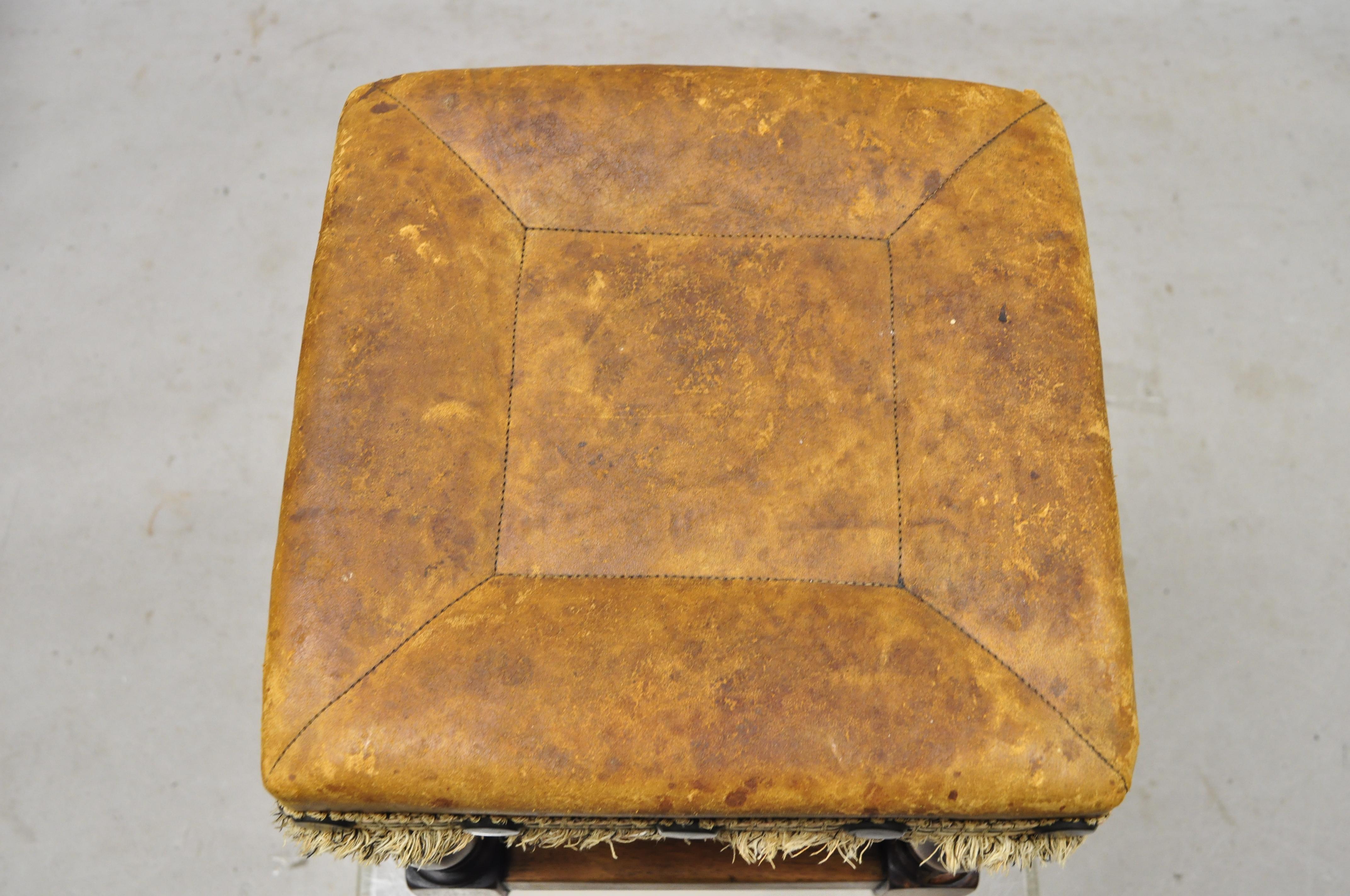 Spanish Renaissance Brown Distressed Leather Walnut Footstool Stool Ottoman In Good Condition In Philadelphia, PA