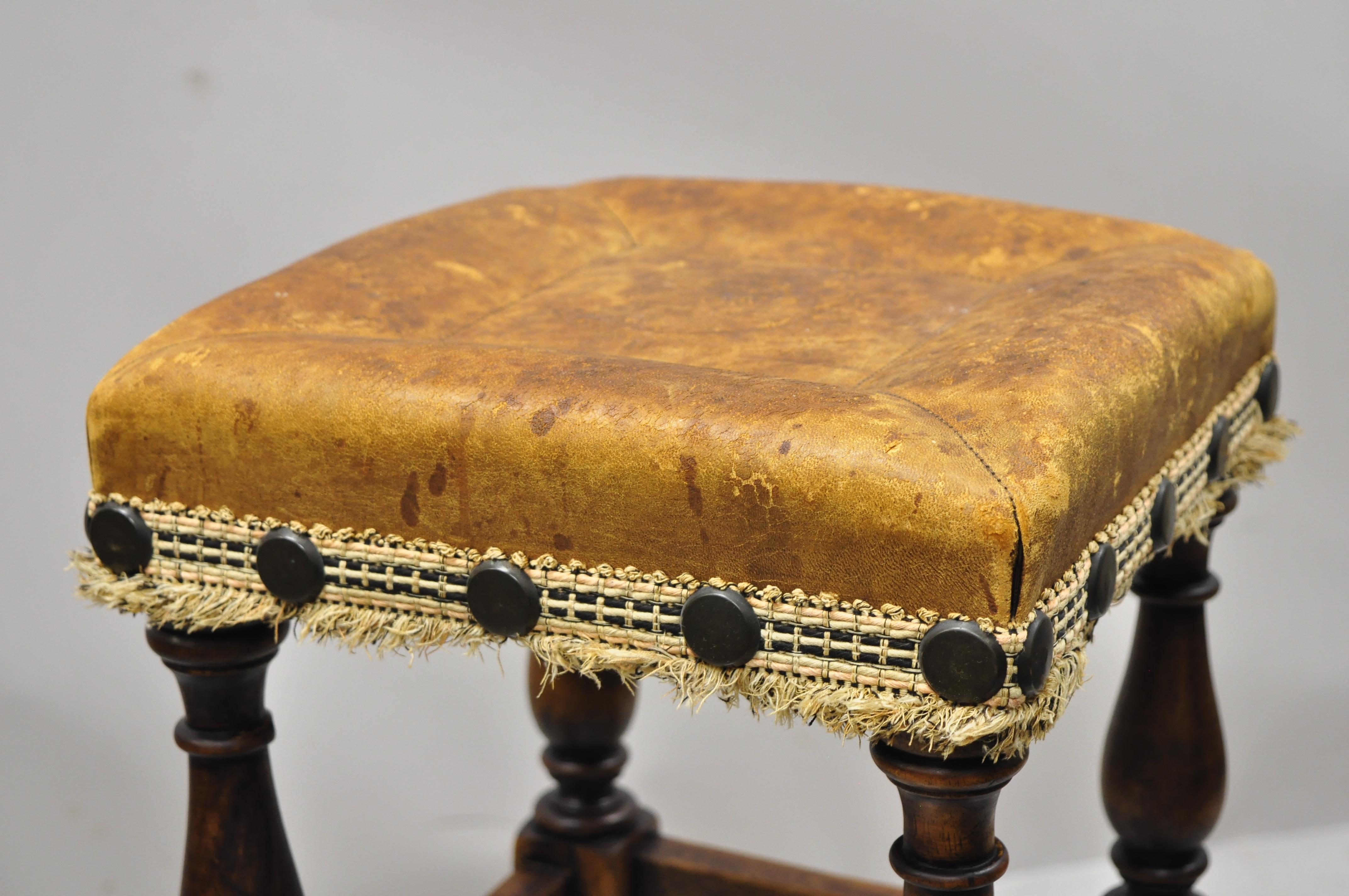20th Century Spanish Renaissance Brown Distressed Leather Walnut Footstool Stool Ottoman