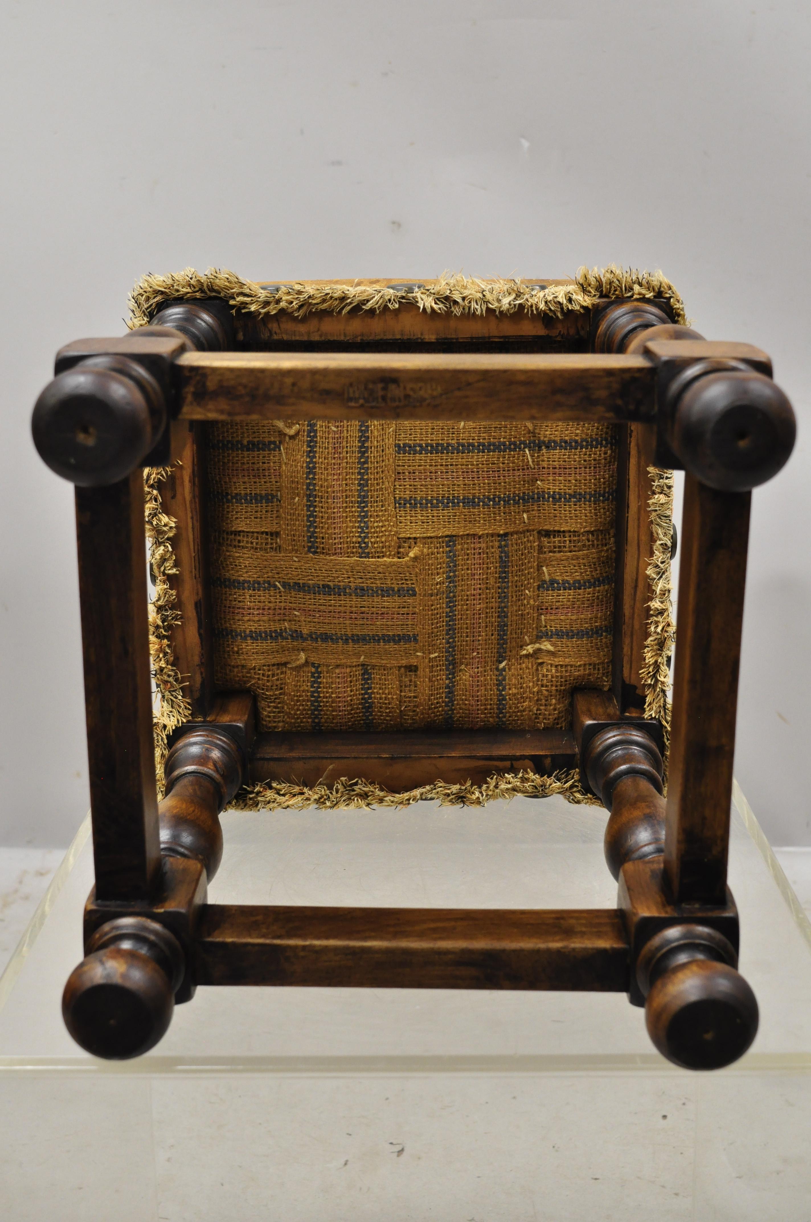 Spanish Renaissance Brown Distressed Leather Walnut Footstool Stool Ottoman 2