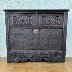 Spanish Renaissance Carved Cabinet with Drop-Front Door and Two Drawers, 1880s