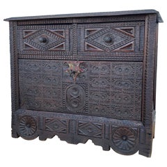 Spanish Renaissance Carved Cabinet with Drop-Front Door and Two Drawers, 1880s