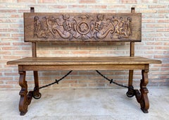 Spanish Renaissance Carved Oak Bench Banquette Escaño, 1890s