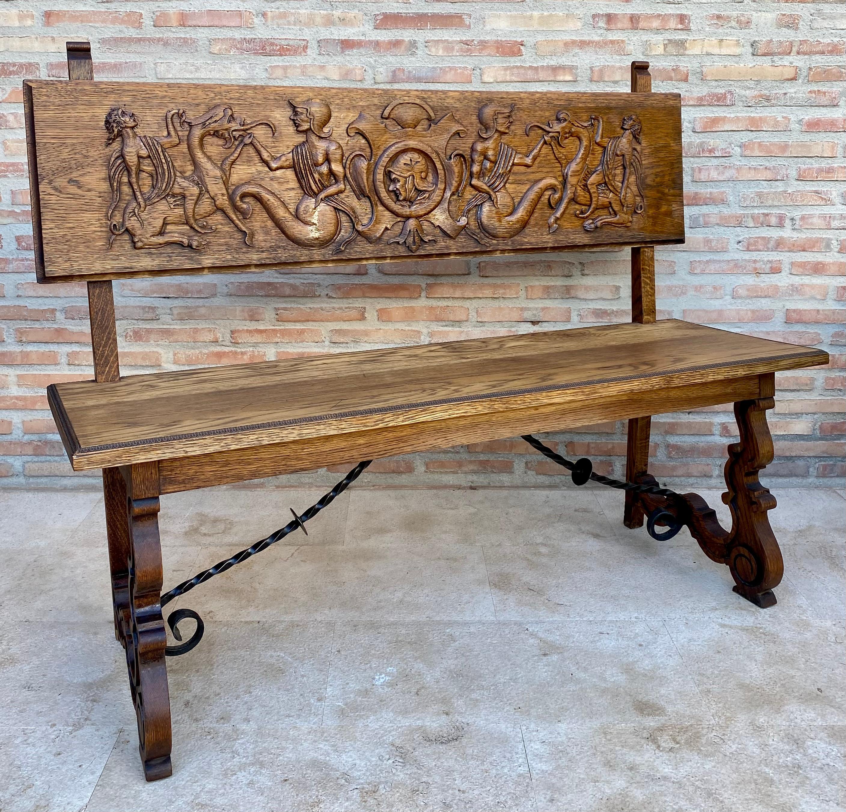 Spanish Colonial Spanish Renaissance Carved Oak Bench Banquette Escaño, 1890s For Sale