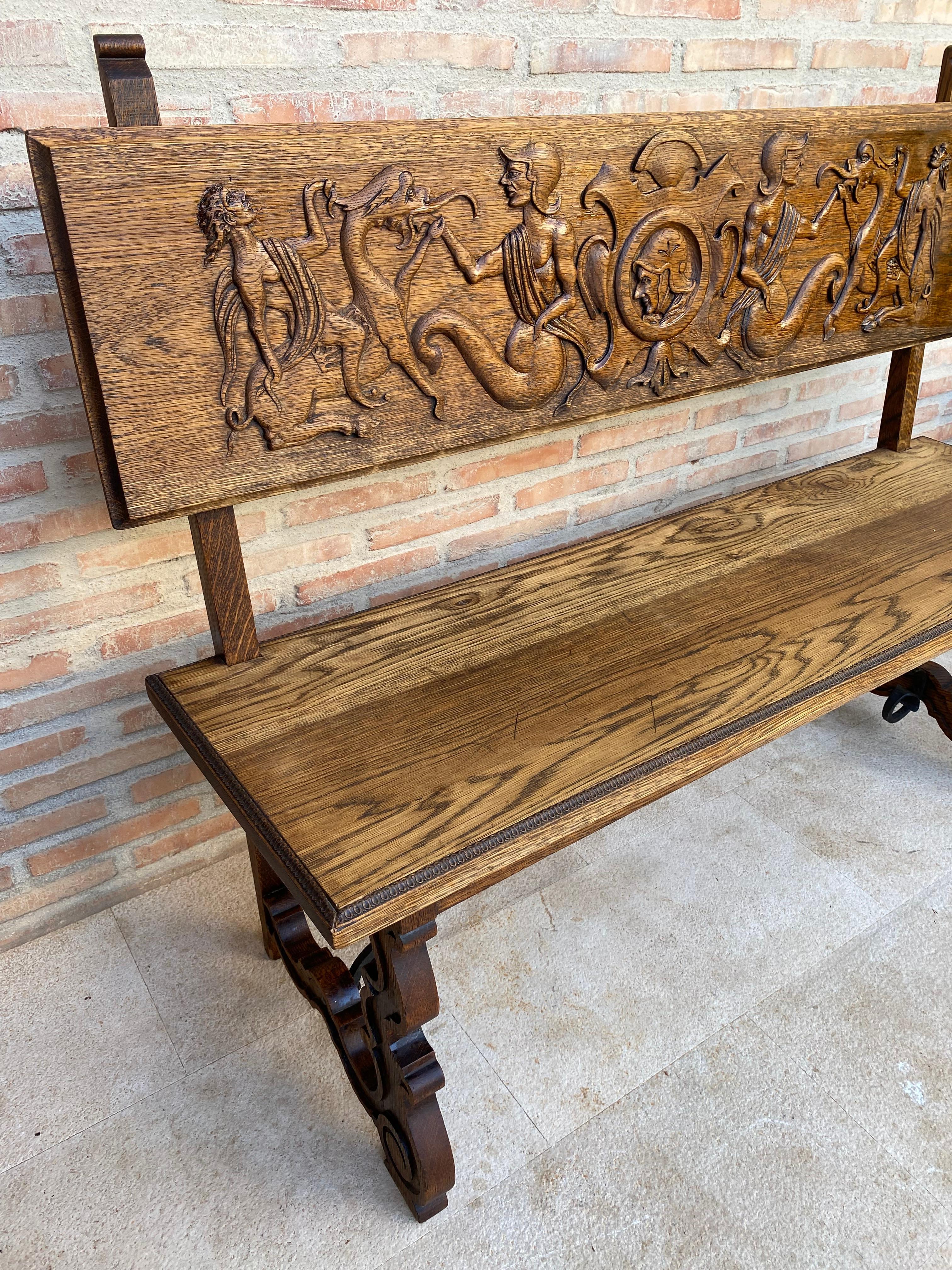Spanish Renaissance Carved Oak Bench Banquette Escaño, 1890s For Sale 2