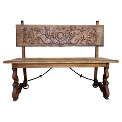 Spanish Renaissance Carved Oak Bench Banquette Escaño, 1890s