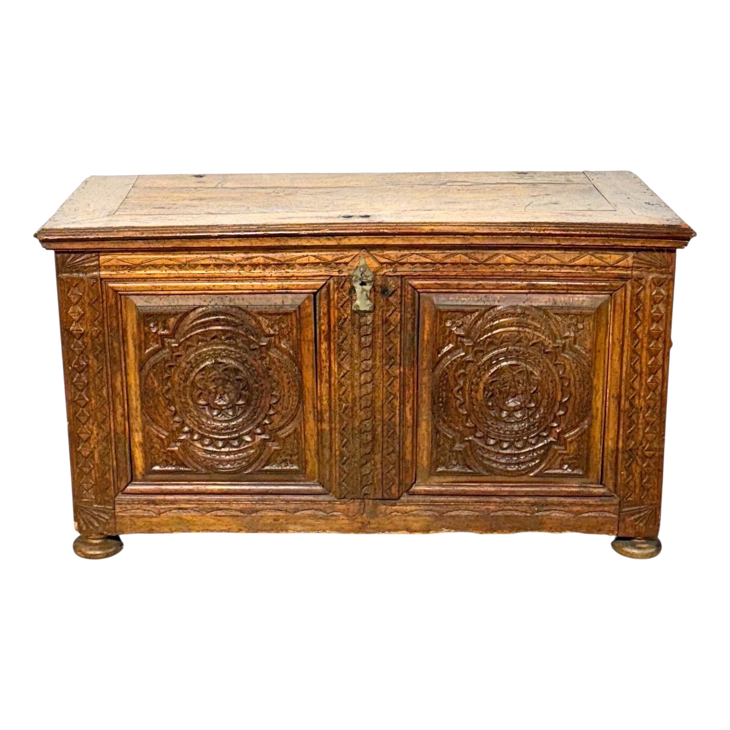 Spanish Renaissance Carved Oak Coffer, Circa 1600 For Sale