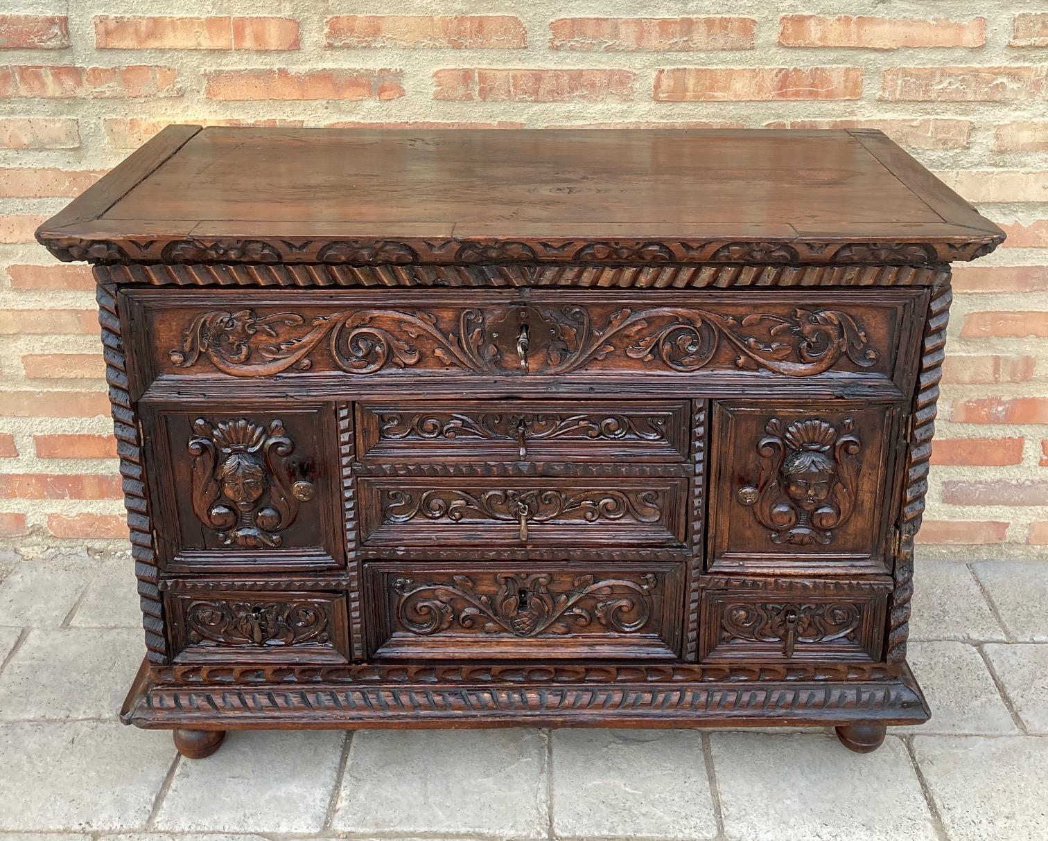 Baroque Spanish Renaissance Carved Walnut Cassone or Trunk, 19th Century For Sale