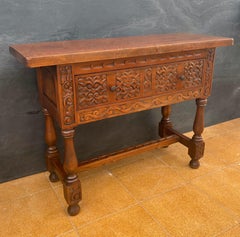 Spanish Renaissance Low Console Table with Carved Front and Single Drawer, 1920s