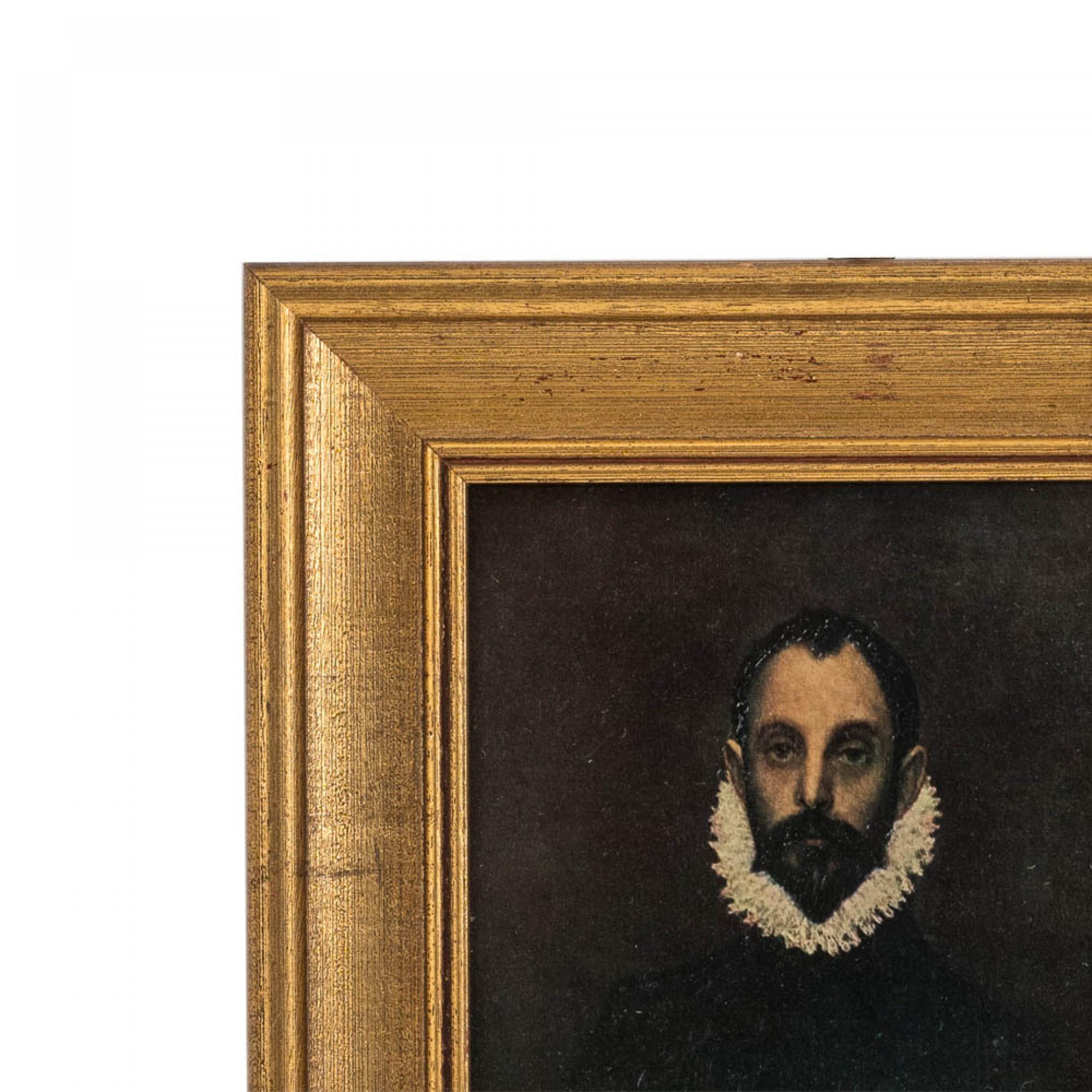 Peinture à l'huile de style Renaissance espagnole représentant un homme avec une collerette dans un cadre rectangulaire en bois doré