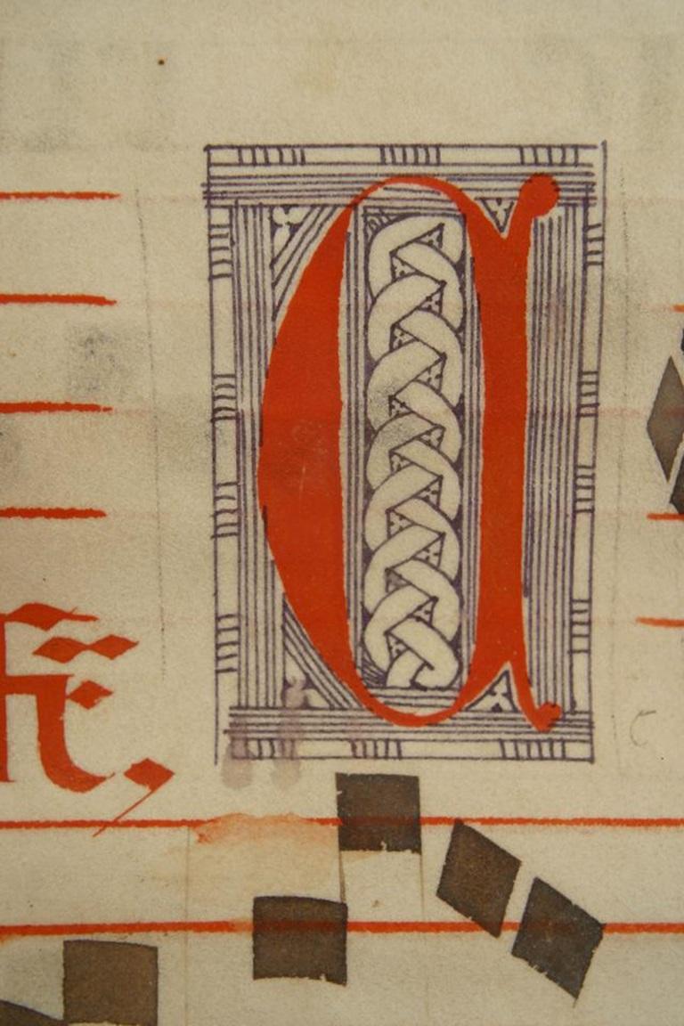 4 fogli manoscritti in pergamena in stile rinascimentale spagnolo (XVI sec.) di un libro corale (Graduale) in cornici di legno di radica (PREZZO OCCASIONALE)