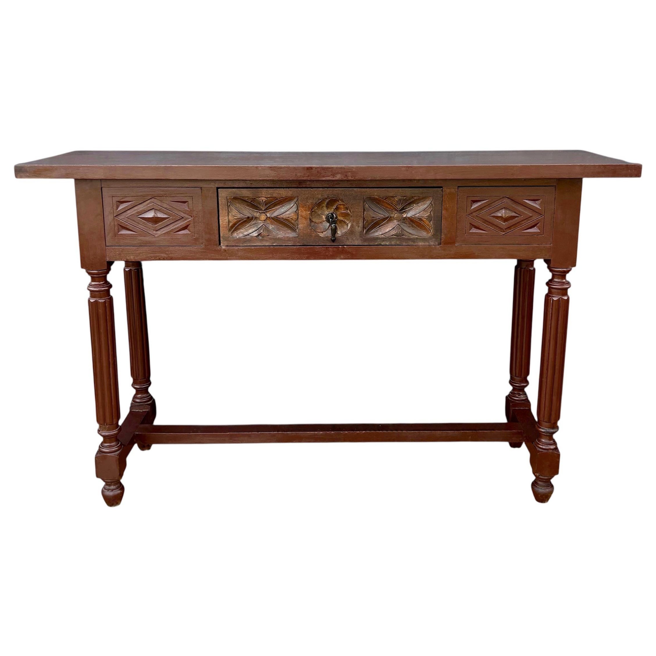 Spanish Renaissance Revival Carved Oak Console Table with Drawer, 1930s For Sale