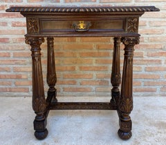 Spanish Renaissance Revival Carved Wood Side Table with Drawer
