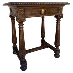 Spanish Renaissance Revival Carved Wood Side Table with Drawer