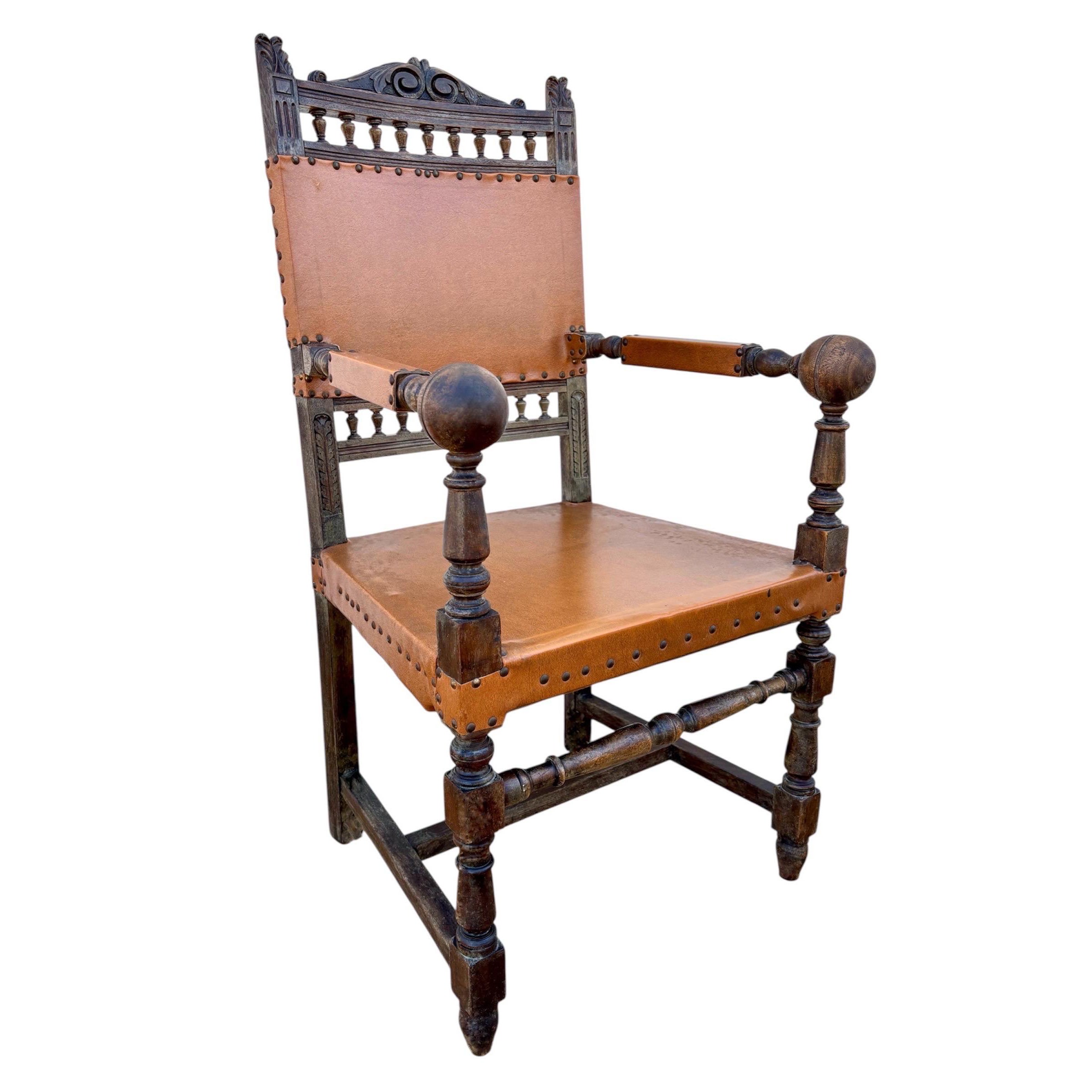 Spanish Renaissance Revival Leather Armchair, Early 20th Century