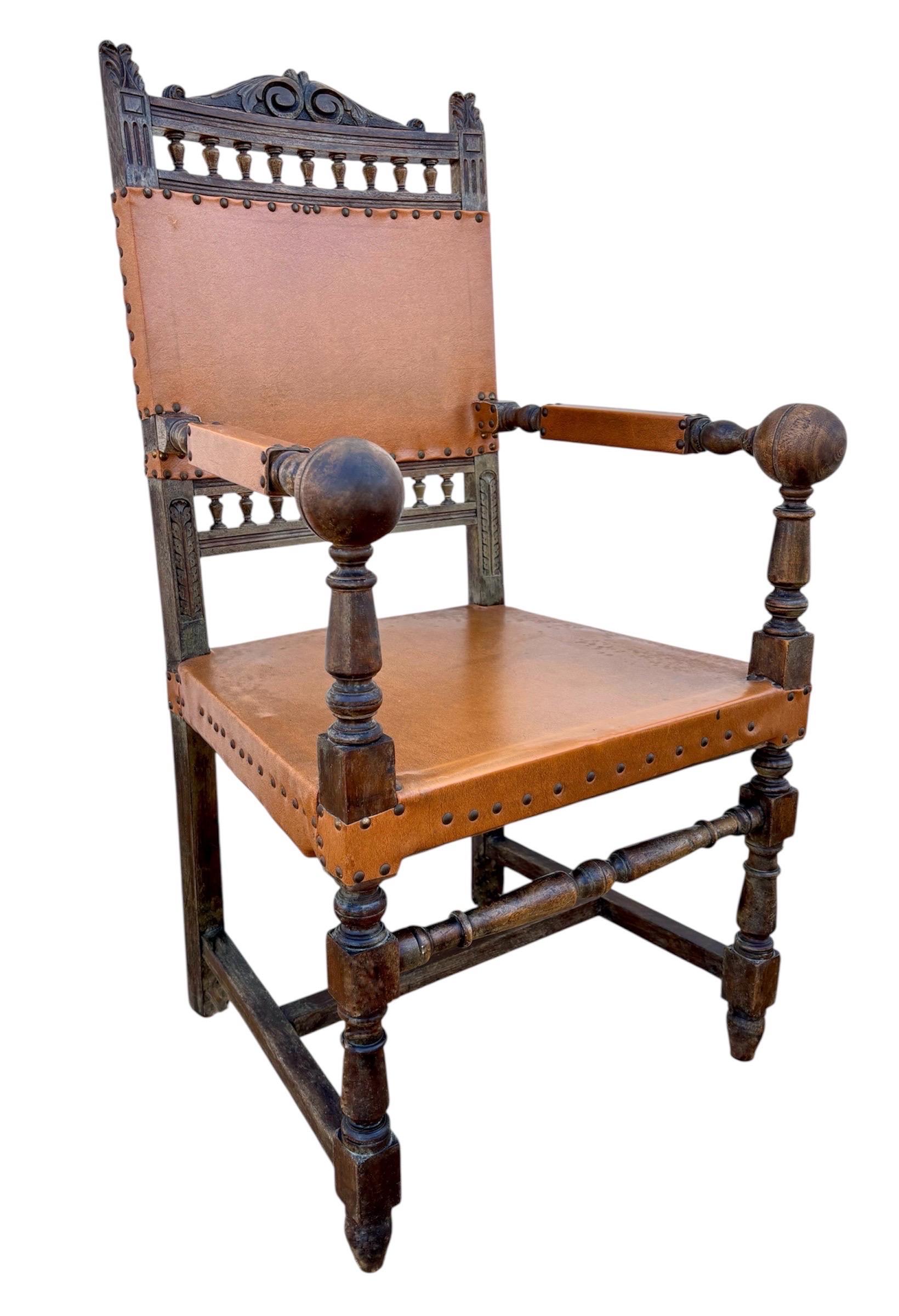Spanish Renaissance Revival Leather Armchair, Early 20th Century