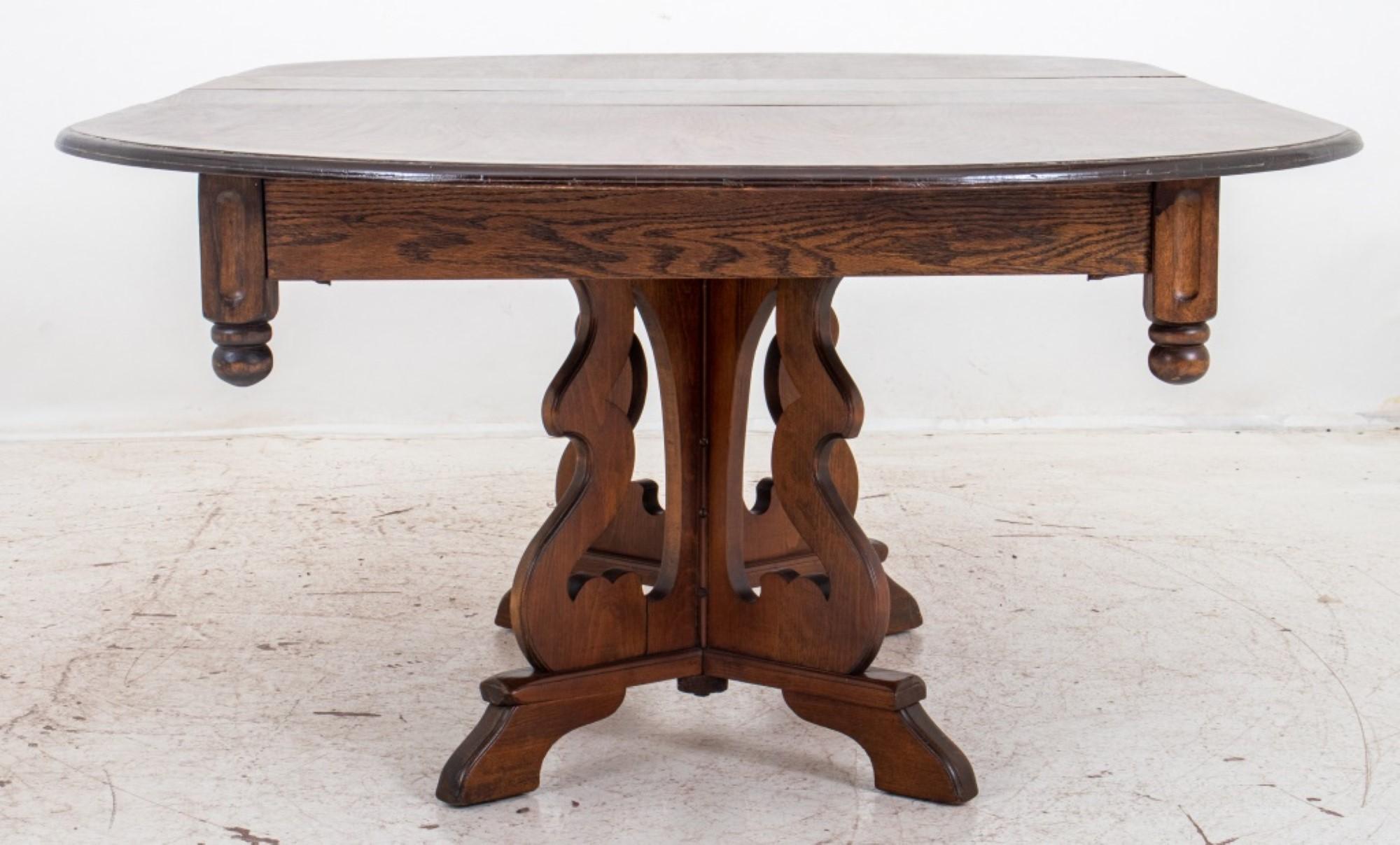 The dimensions for the Spanish Renaissance Revival extendable oak oval dining table are as follows:

Without Leaves:

Height: 28.5