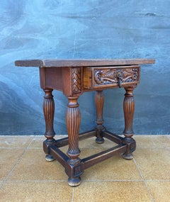 Spanish Renaissance Revival Oak Side Table with Drawer, Early 20th Century
