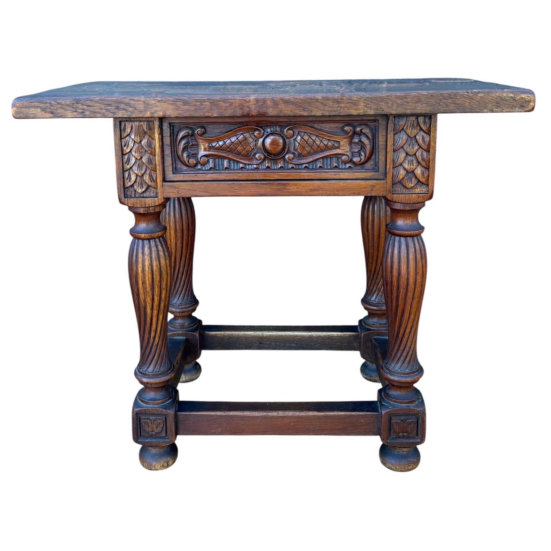 Spanish Renaissance Revival Oak Side Table with Drawer, Early 20th Century