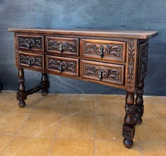 Spanish Renaissance Revival Oak Six-Drawer Console with Carved Panels, 1930s