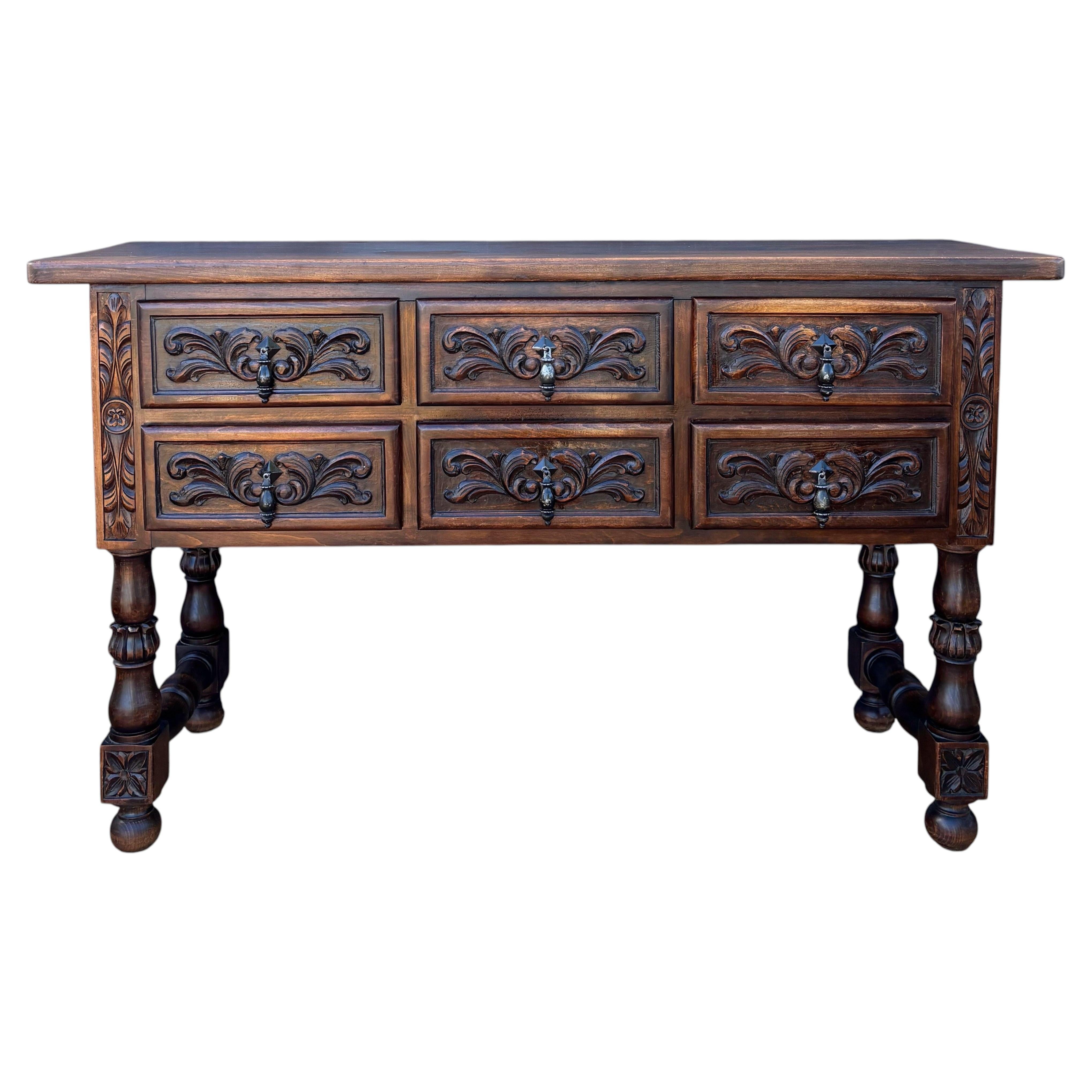 Spanish Renaissance Revival Oak Six-Drawer Console with Carved Panels, 1930s