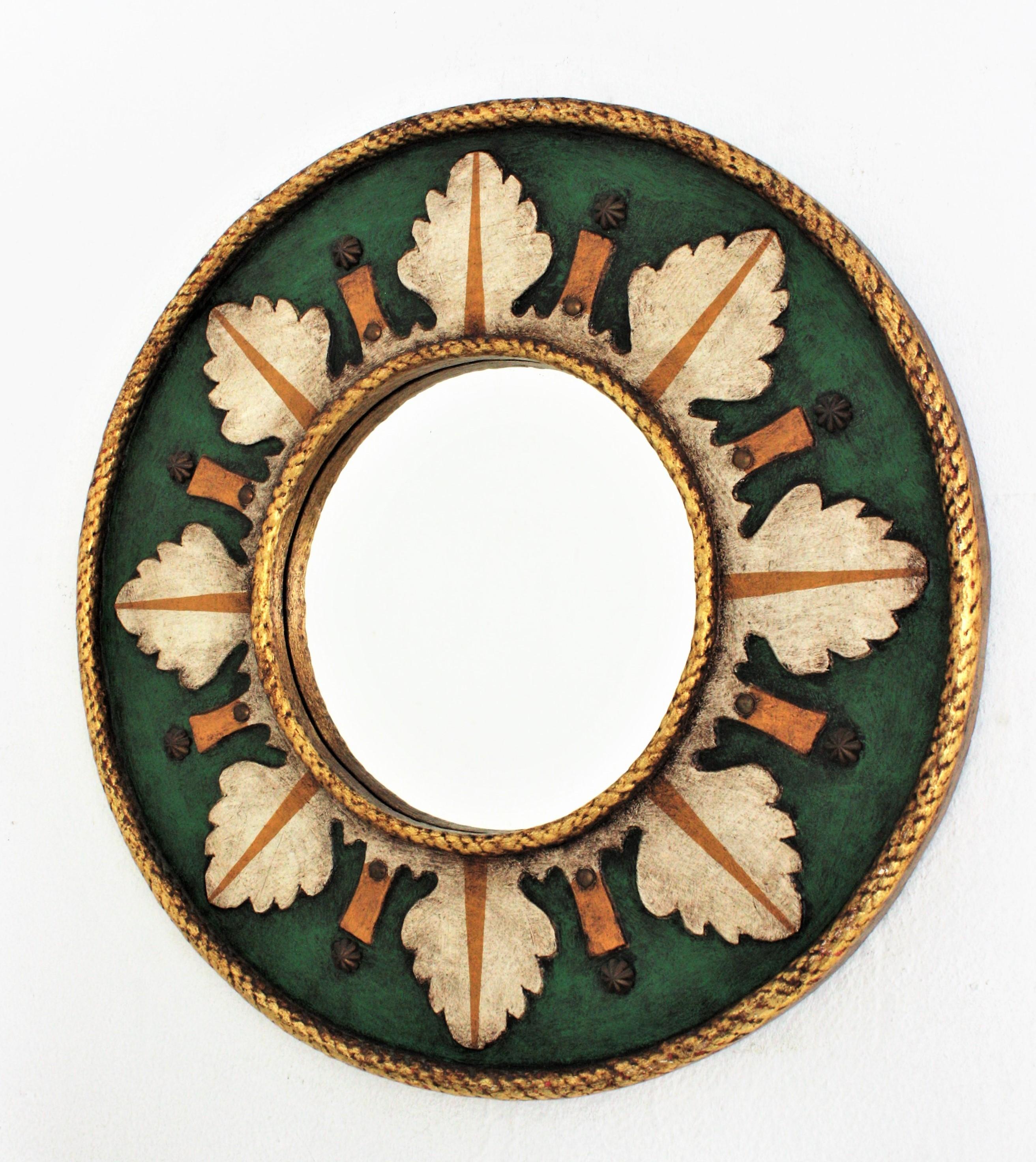 Spanish Renaissance Revival Polychrome Sunburst Round Wall Mirror 4