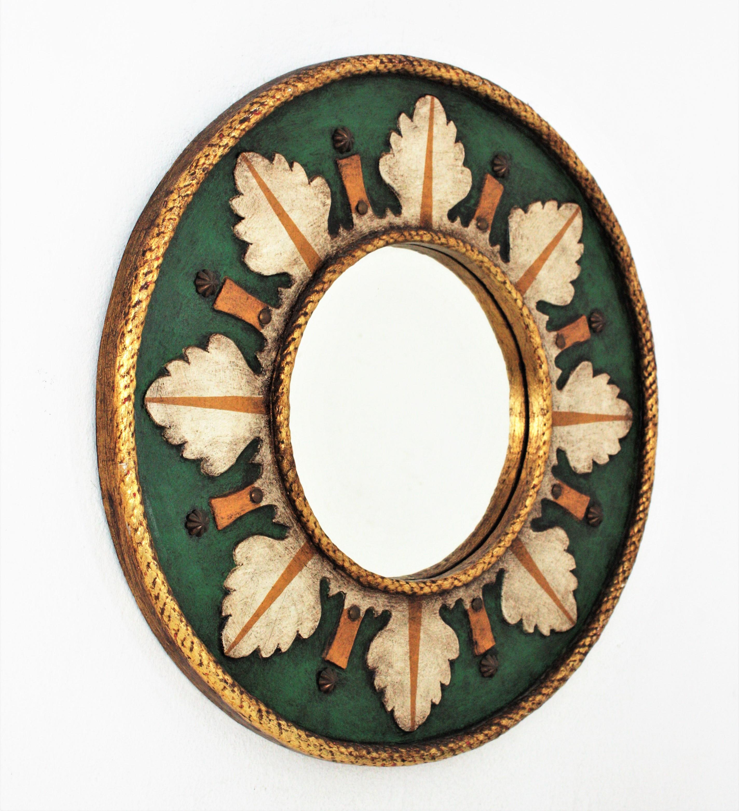 Gilt Spanish Renaissance Revival Polychrome Sunburst Round Wall Mirror