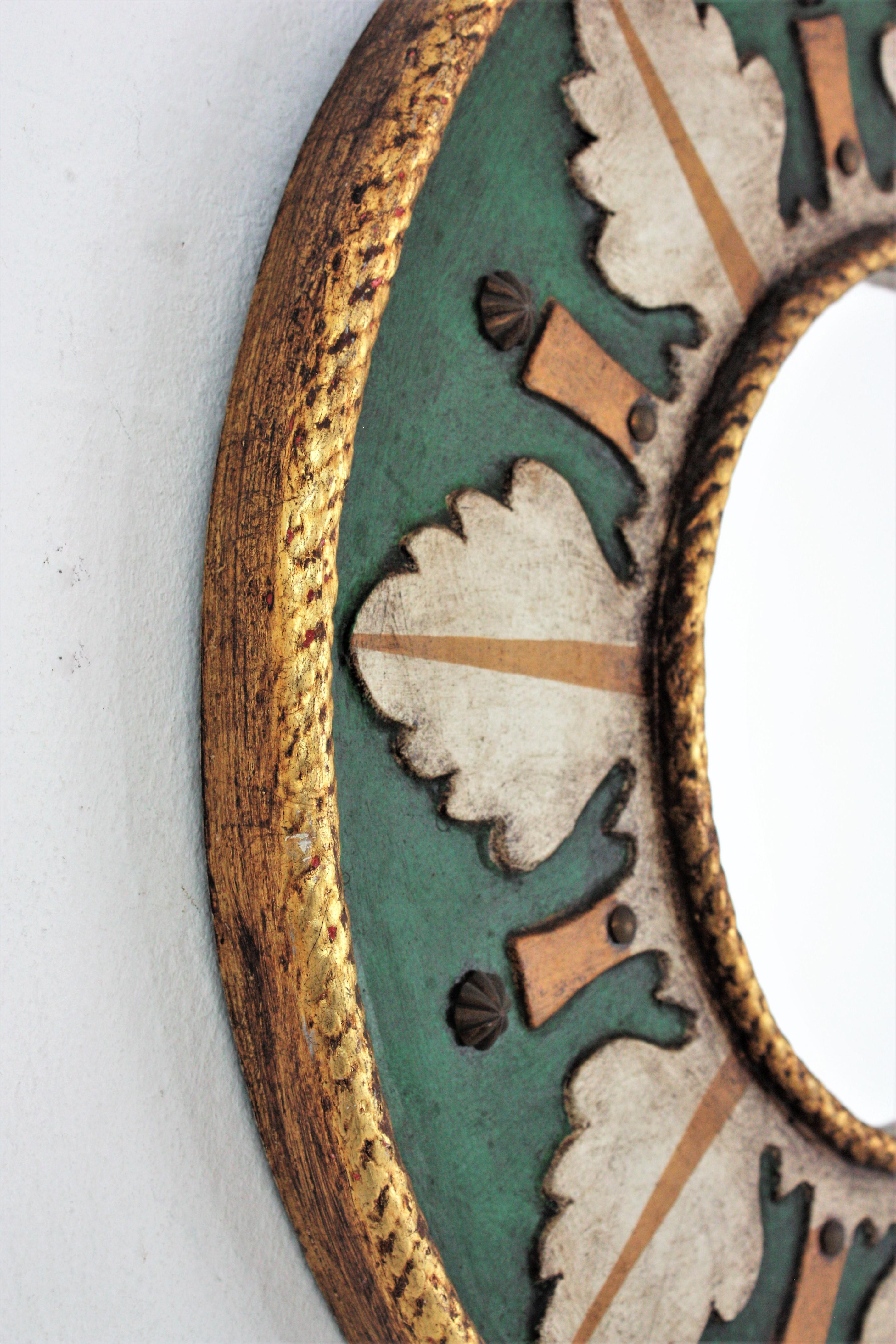 20th Century Spanish Renaissance Revival Polychrome Sunburst Round Wall Mirror