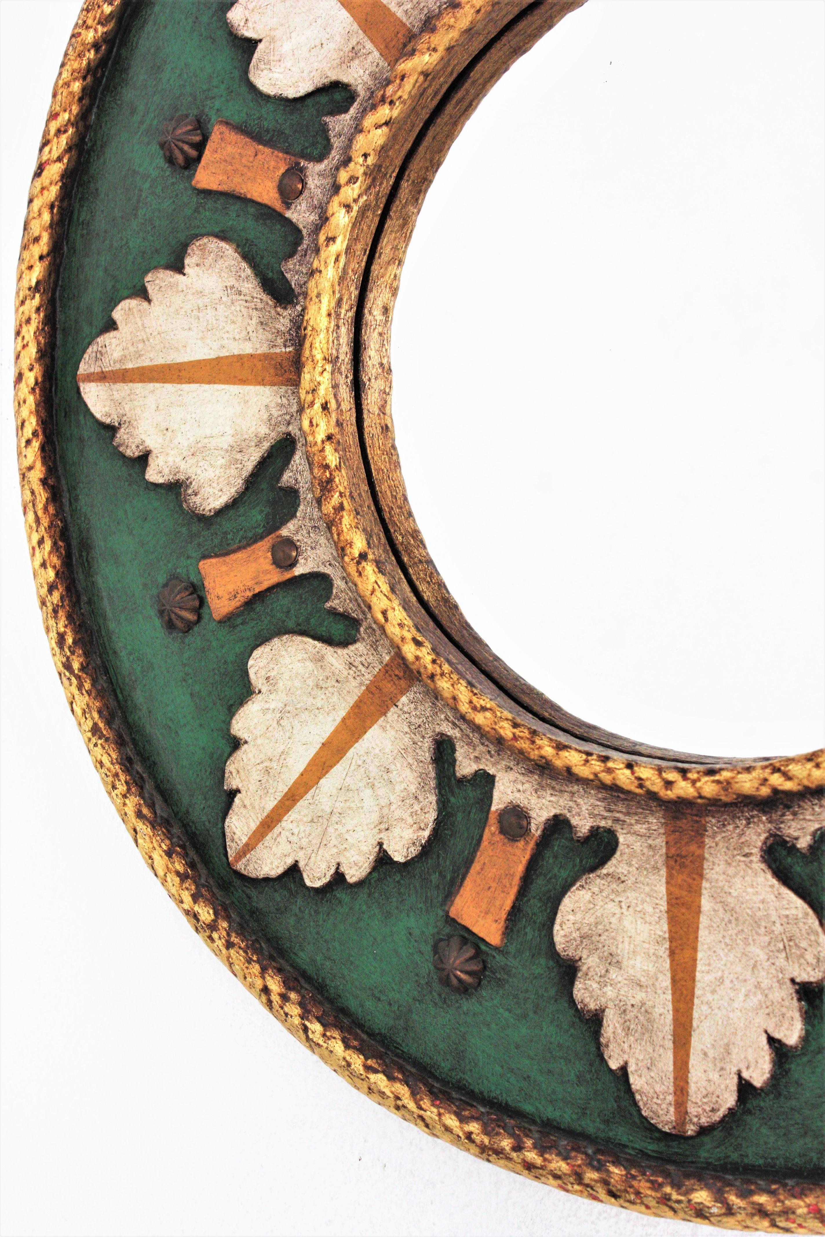 Spanish Renaissance Revival Polychrome Sunburst Round Wall Mirror 2