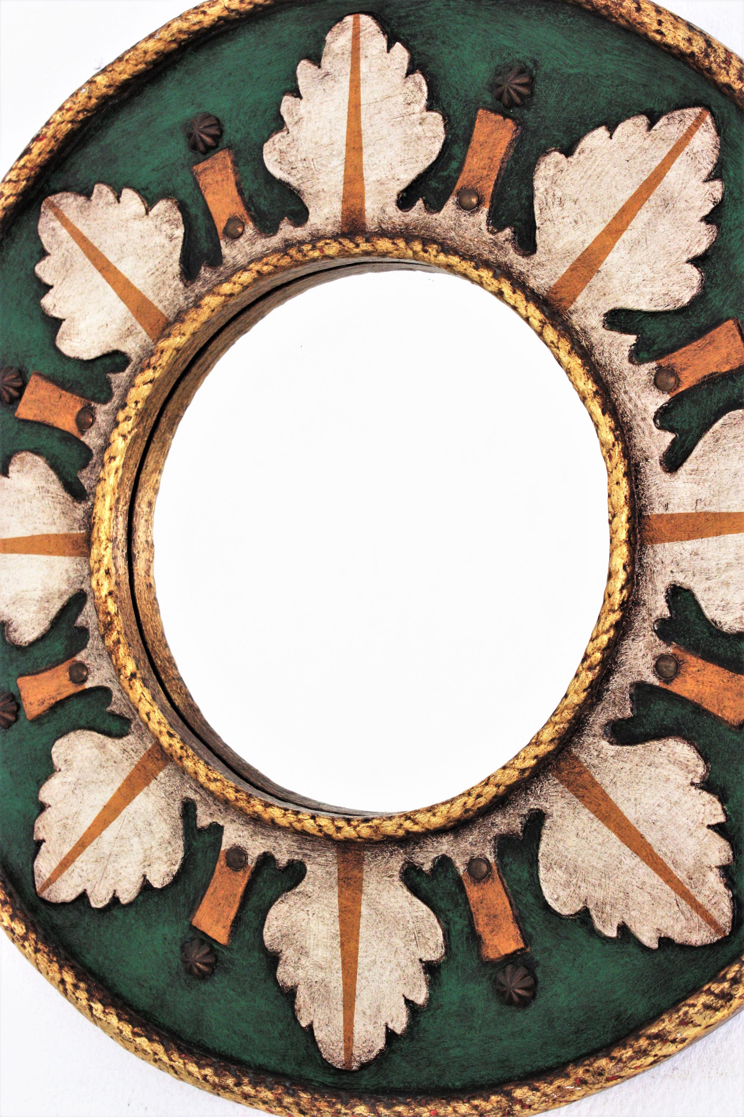 Spanish Renaissance Revival Polychrome Sunburst Round Wall Mirror 3
