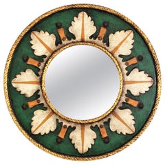 Spanischer polychromer runder Wandspiegel mit Sonnenschliff im spanischen Renaissance-Stil