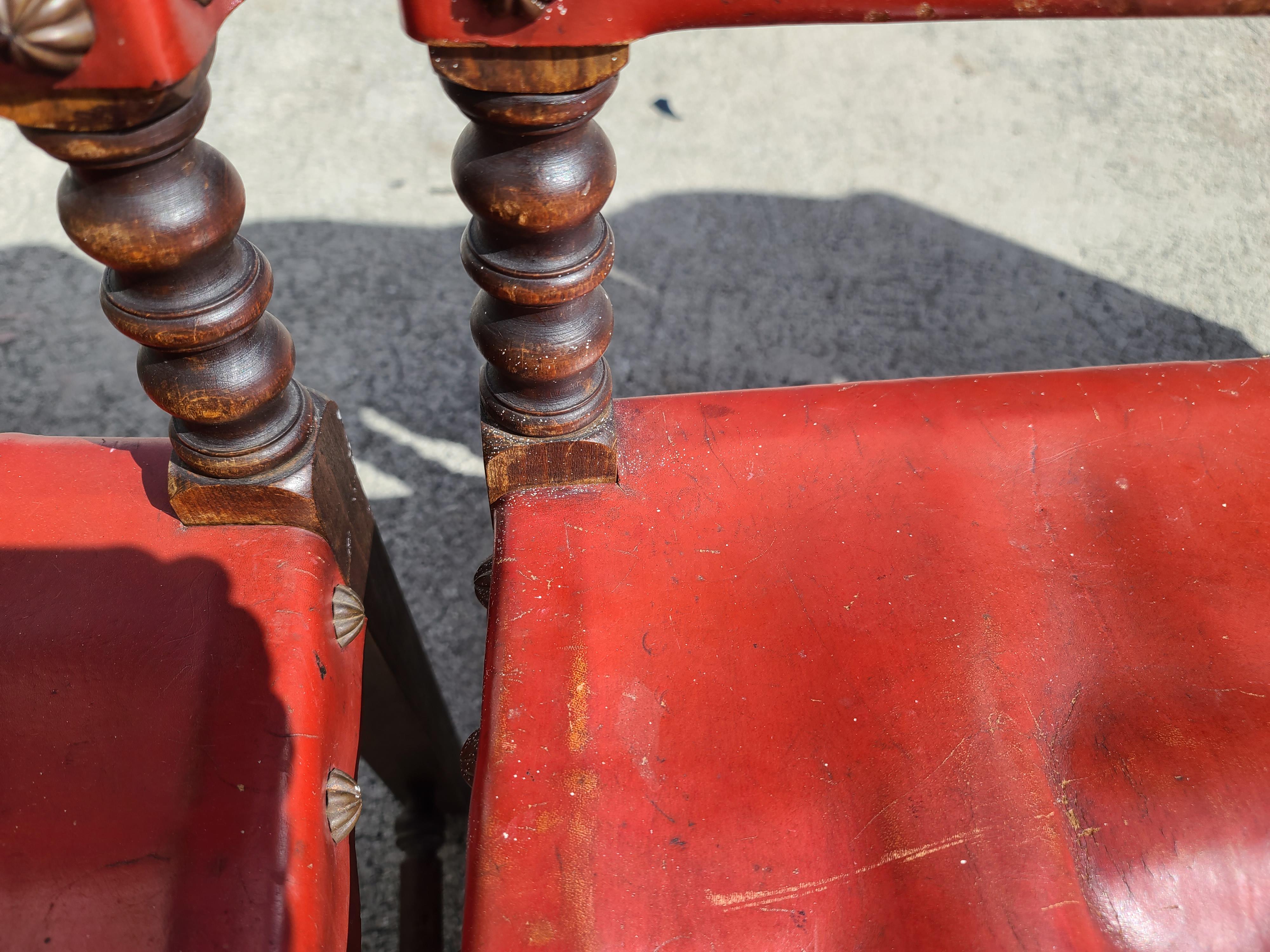 Chaises de salle à manger en cuir rouge de style néo-renaissance espagnole, lot de 6 1