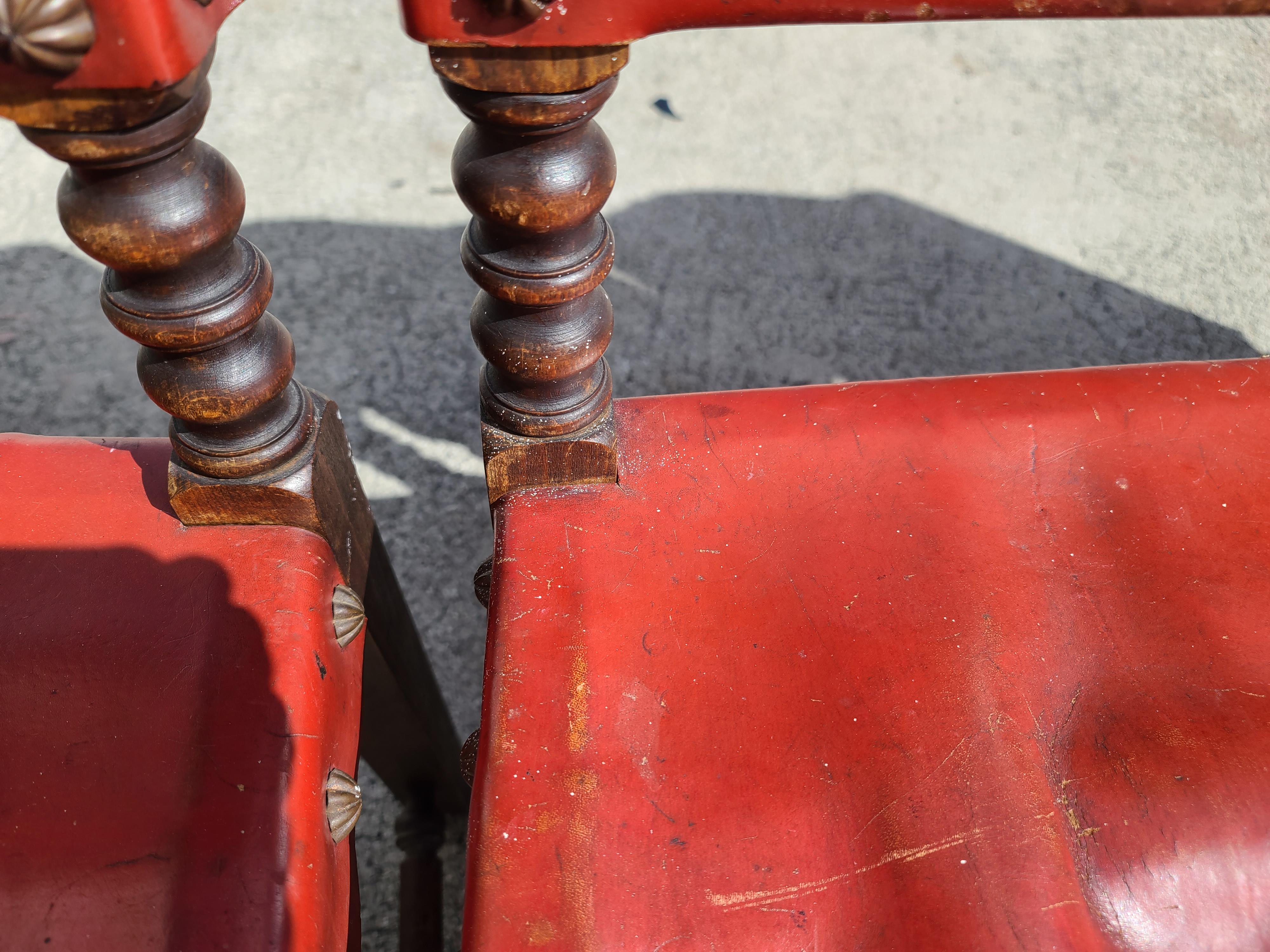 Spanish Renaissance Revival Red Leather Dining Chairs, Set of 6 2