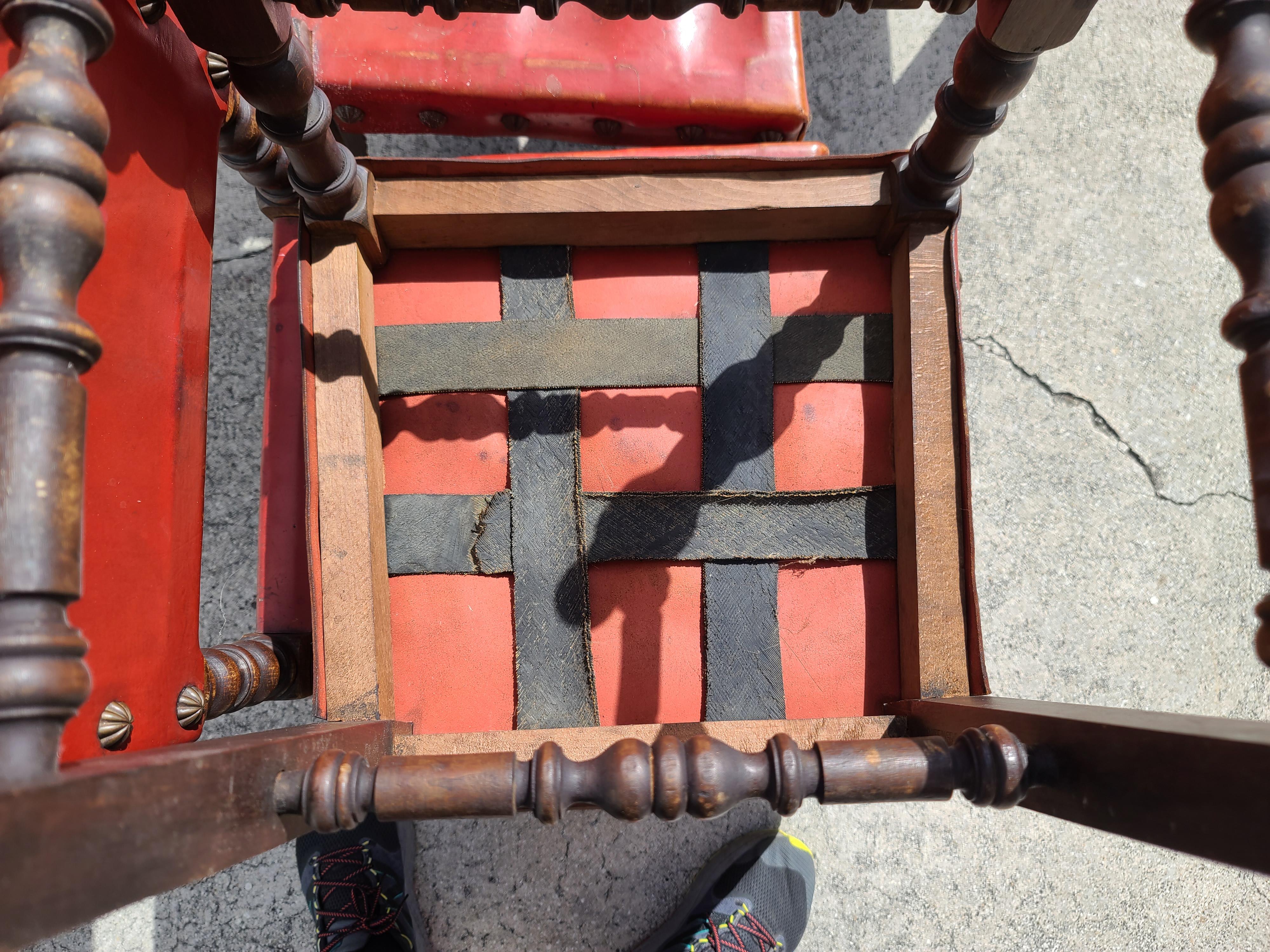 Spanish Renaissance Revival Red Leather Dining Chairs, Set of 6 2