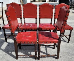 Chaises de salle à manger en cuir rouge de style néo-renaissance espagnole, lot de 6