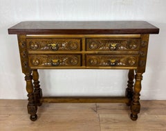 Spanish Renaissance Revival Walnut Console Table with Four Carved Drawers, 1930s