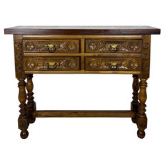 Spanish Renaissance Revival Walnut Console Table with Four Carved Drawers, 1930s