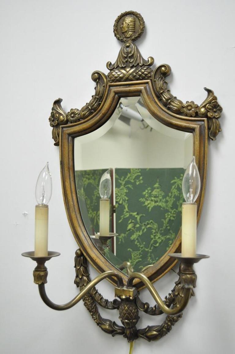 Spanish Renaissance Style Brass Wood Mirror Shield Cameo Electric Sconces, Pair For Sale 5