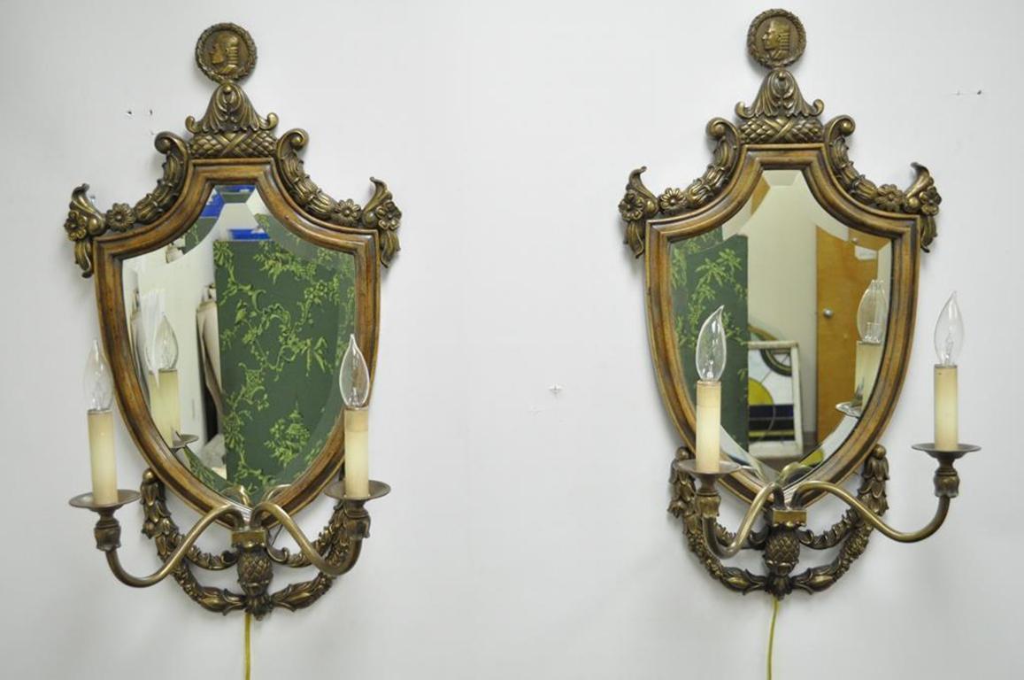Spanish Renaissance Style Brass Wood Mirror Shield Cameo Electric Sconces, Pair For Sale 7
