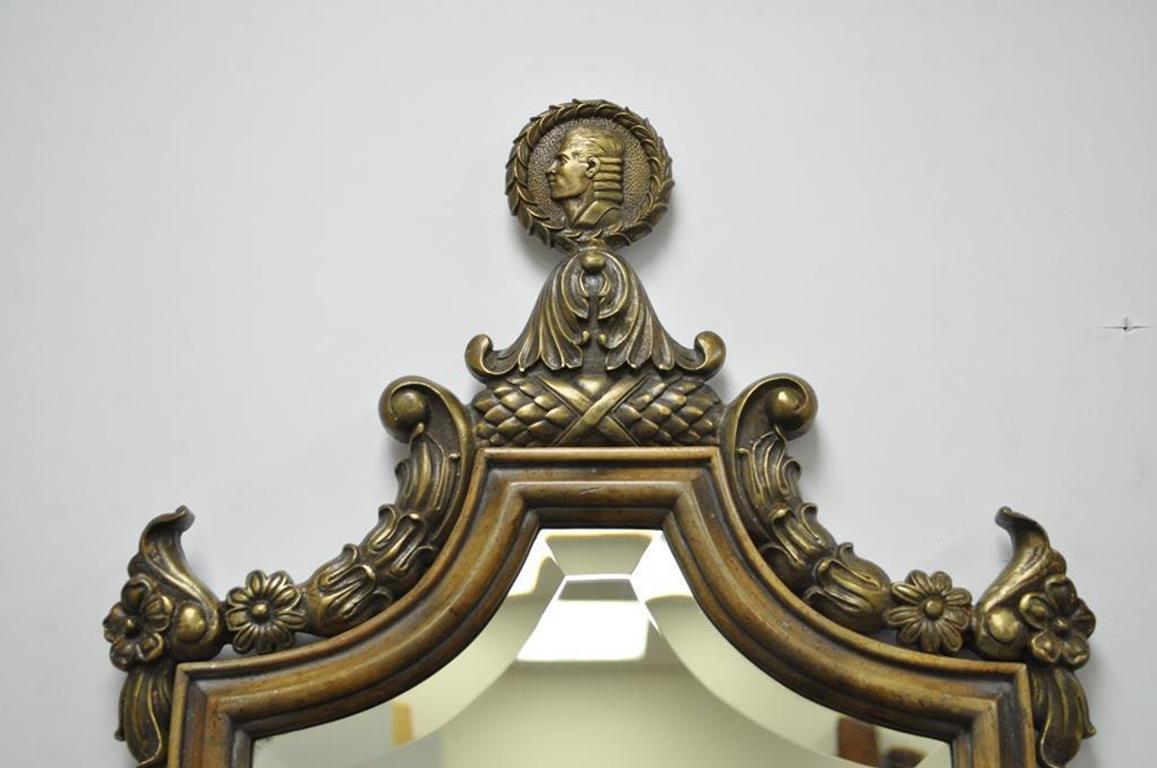 20th Century Spanish Renaissance Style Brass Wood Mirror Shield Cameo Electric Sconces, Pair For Sale