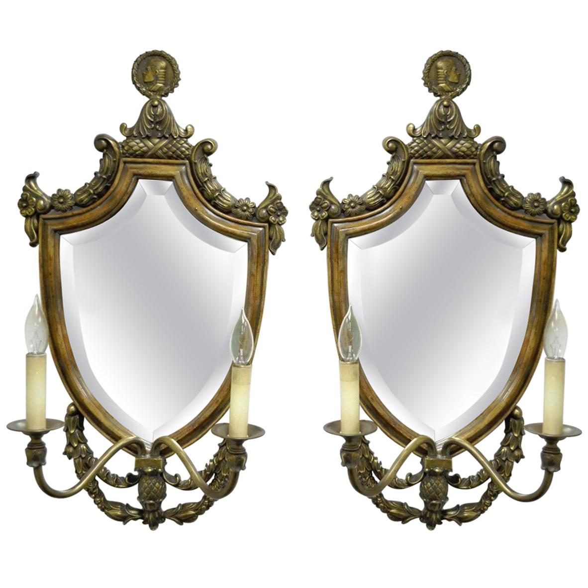 Spanish Renaissance Style Brass Wood Mirror Shield Cameo Electric Sconces, Pair For Sale