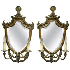 Spanish Renaissance Style Brass Wood Mirror Shield Cameo Electric Sconces, Pair