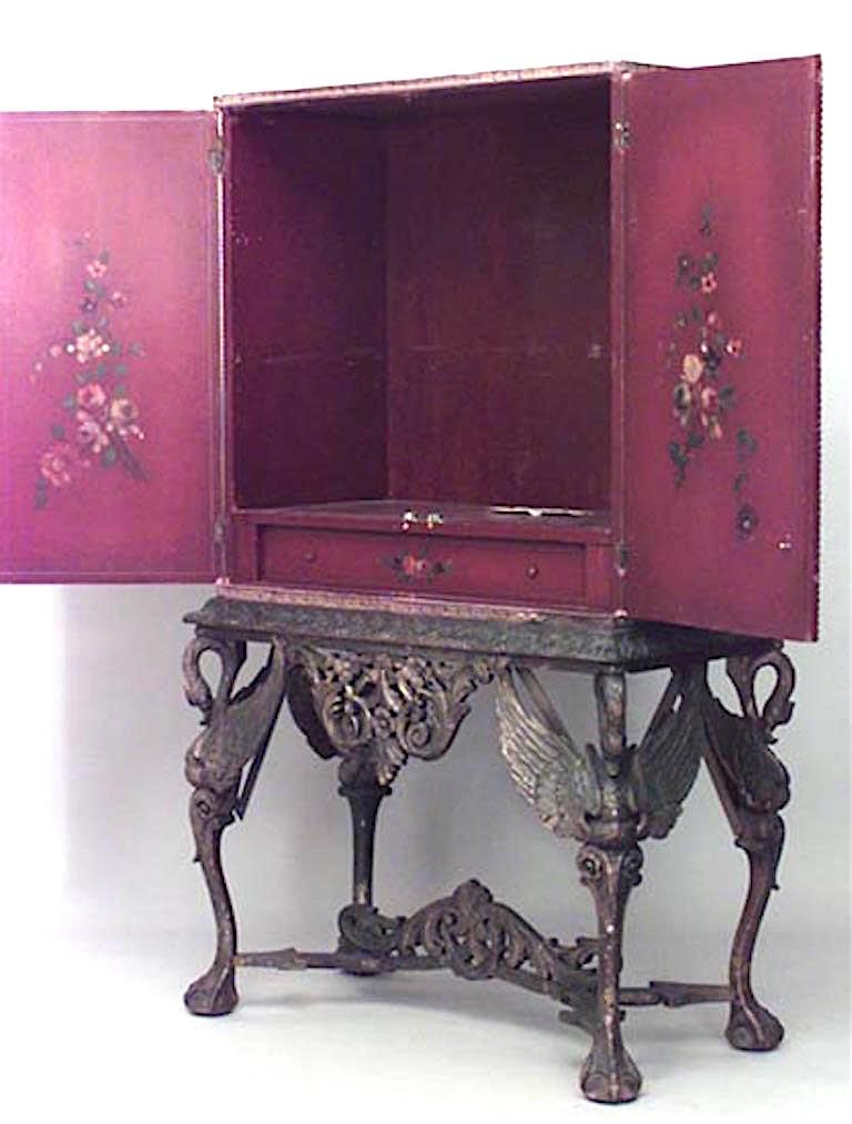 Renaissance Revival Spanish Renaissance Style Red Silk Cabinet on a Giltwood Base